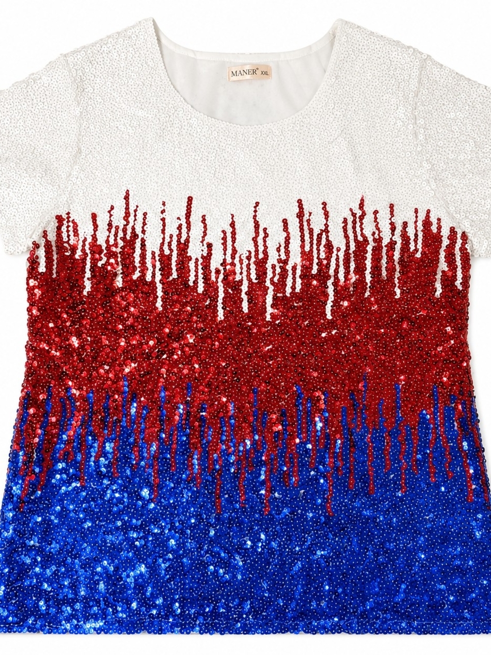 Womens White, Red & Blue Sequin Short Sleeve Top
